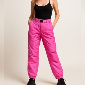 Y2K Neon Pink Ski Pants Retro 90s Snowcore Puffy Nylon Snow Pants Barbie Magenta